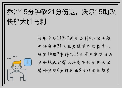 乔治15分钟砍21分伤退，沃尔15助攻快船大胜马刺