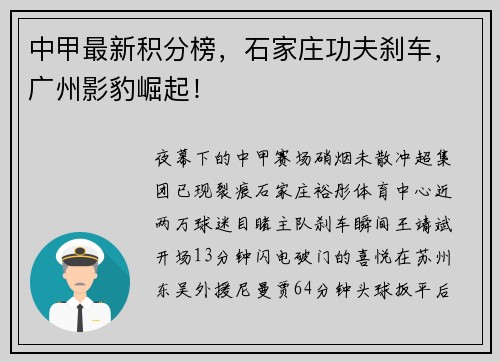 中甲最新积分榜，石家庄功夫刹车，广州影豹崛起！
