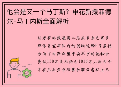 他会是又一个马丁斯？申花新援菲德尔·马丁内斯全面解析